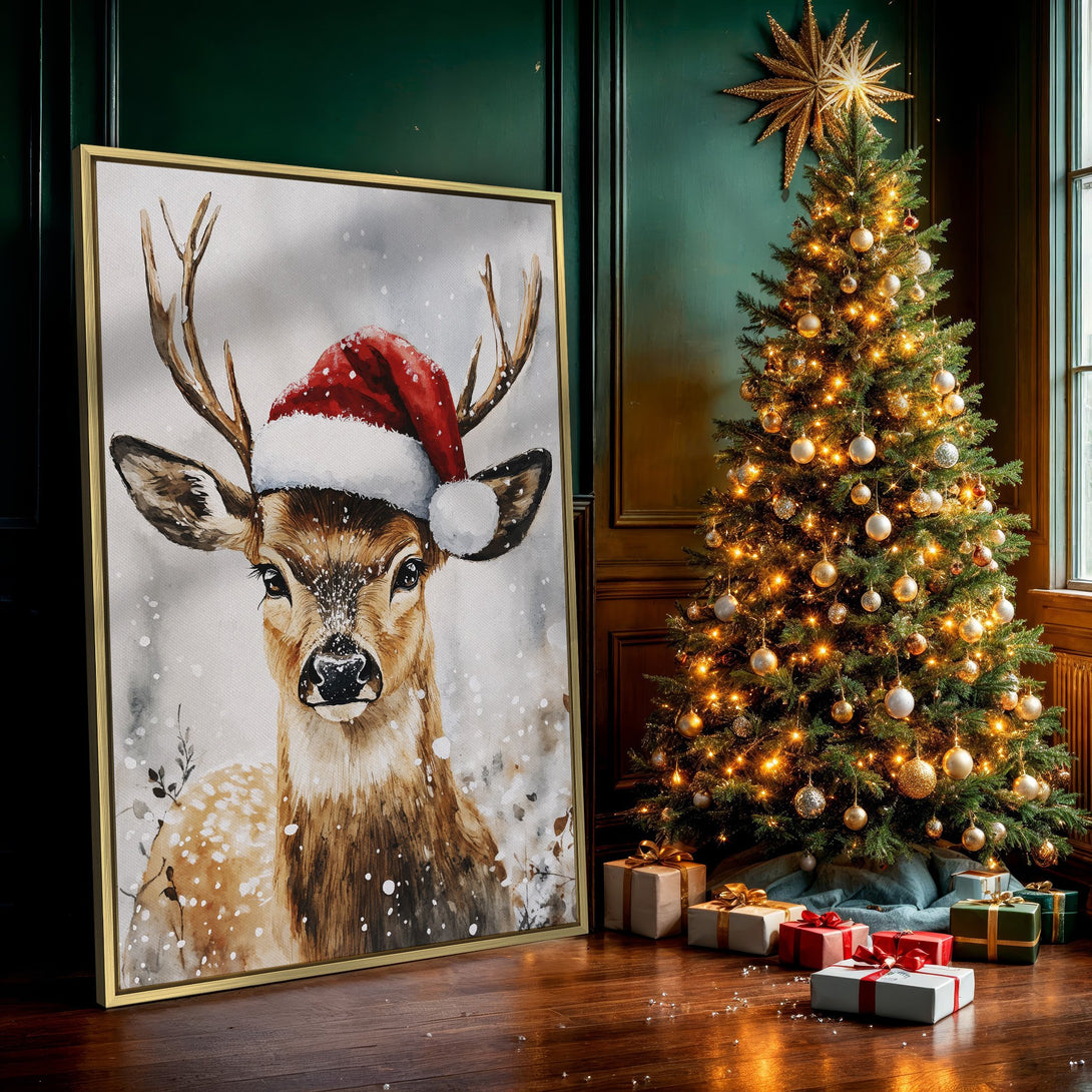 Canvas Print of a watercolor deer wearing a Santa hat. Winter scene with neutral, warm tones. Perfect Christmas wall art!