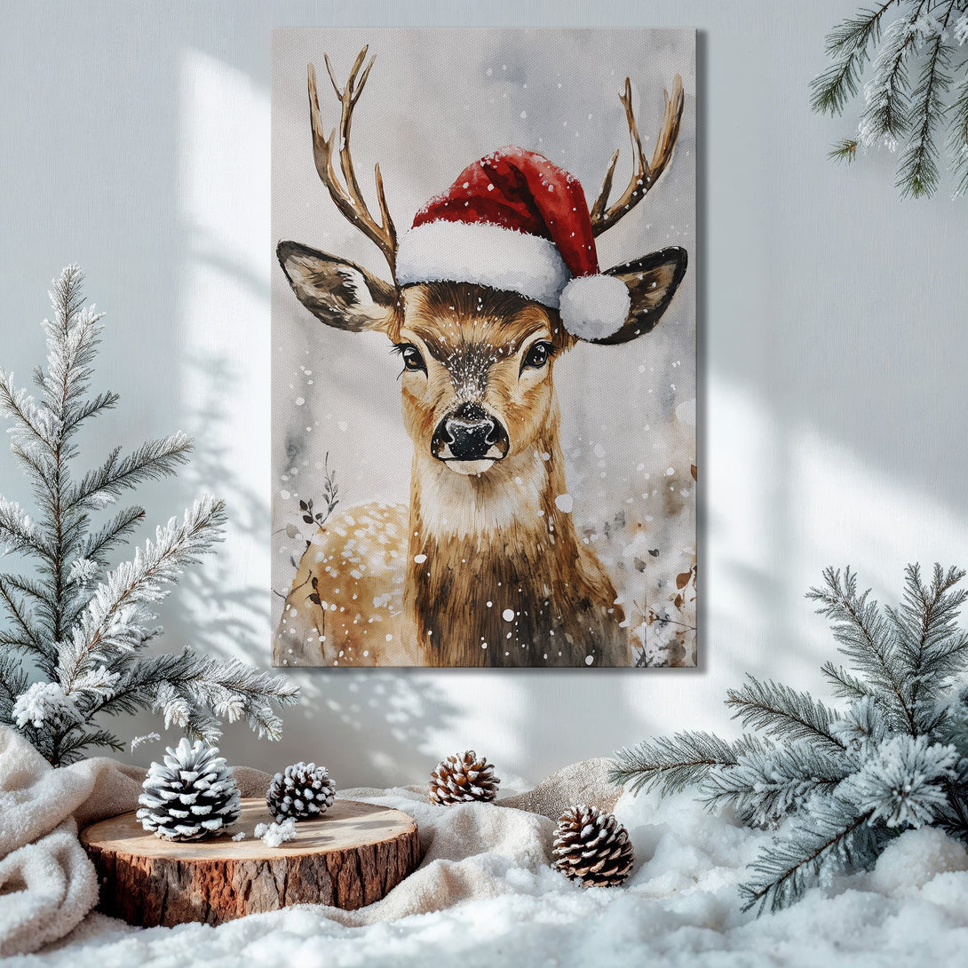 Framed Wall Art: Watercolor deer in Santa hat. Rustic Christmas decor with warm, neutral tones. Perfect for holiday home styling.