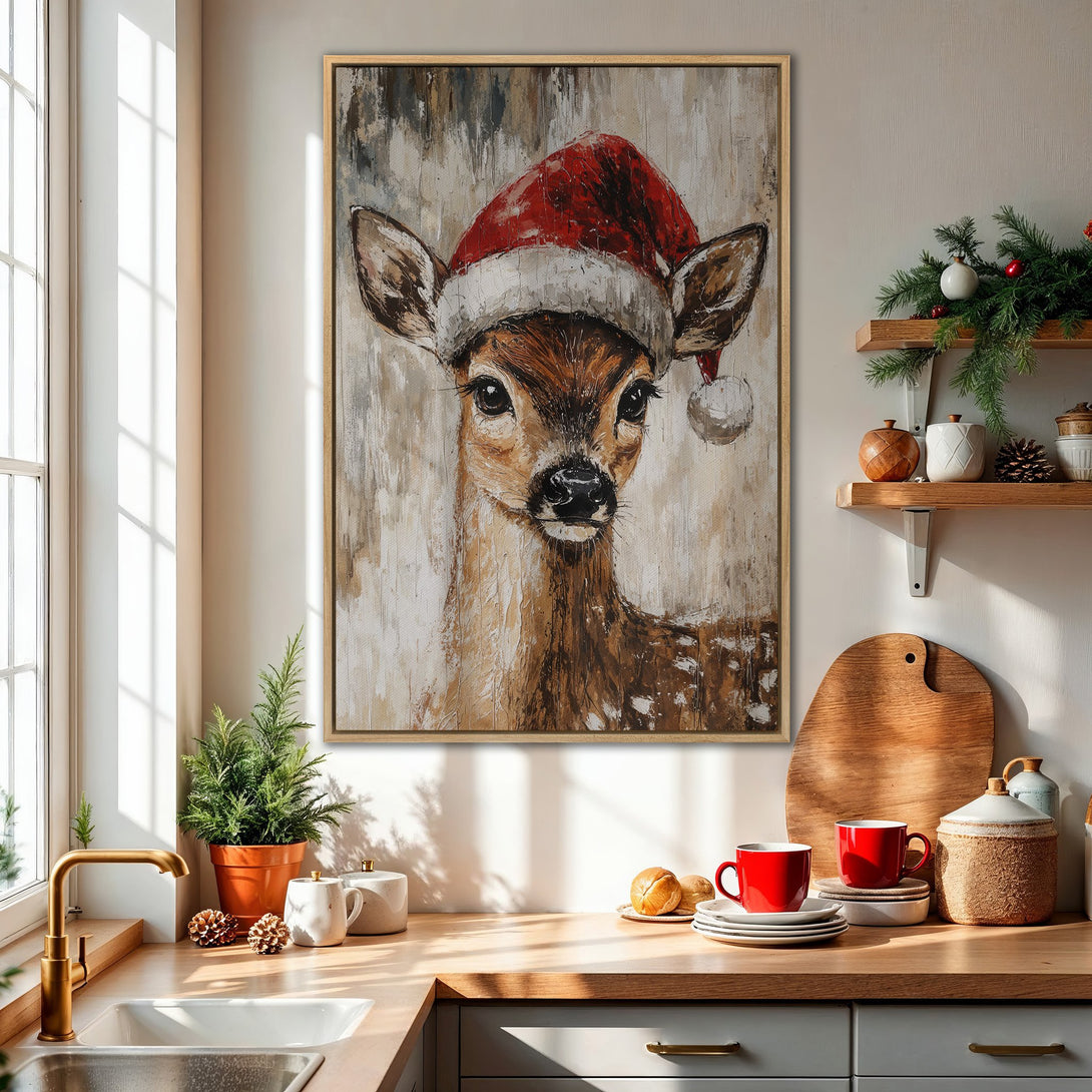 Framed Wall Art: Festive deer in Santa hat, impressionist style. Warm, neutral color palette with pops of red. Perfect Christmas decor for your home!