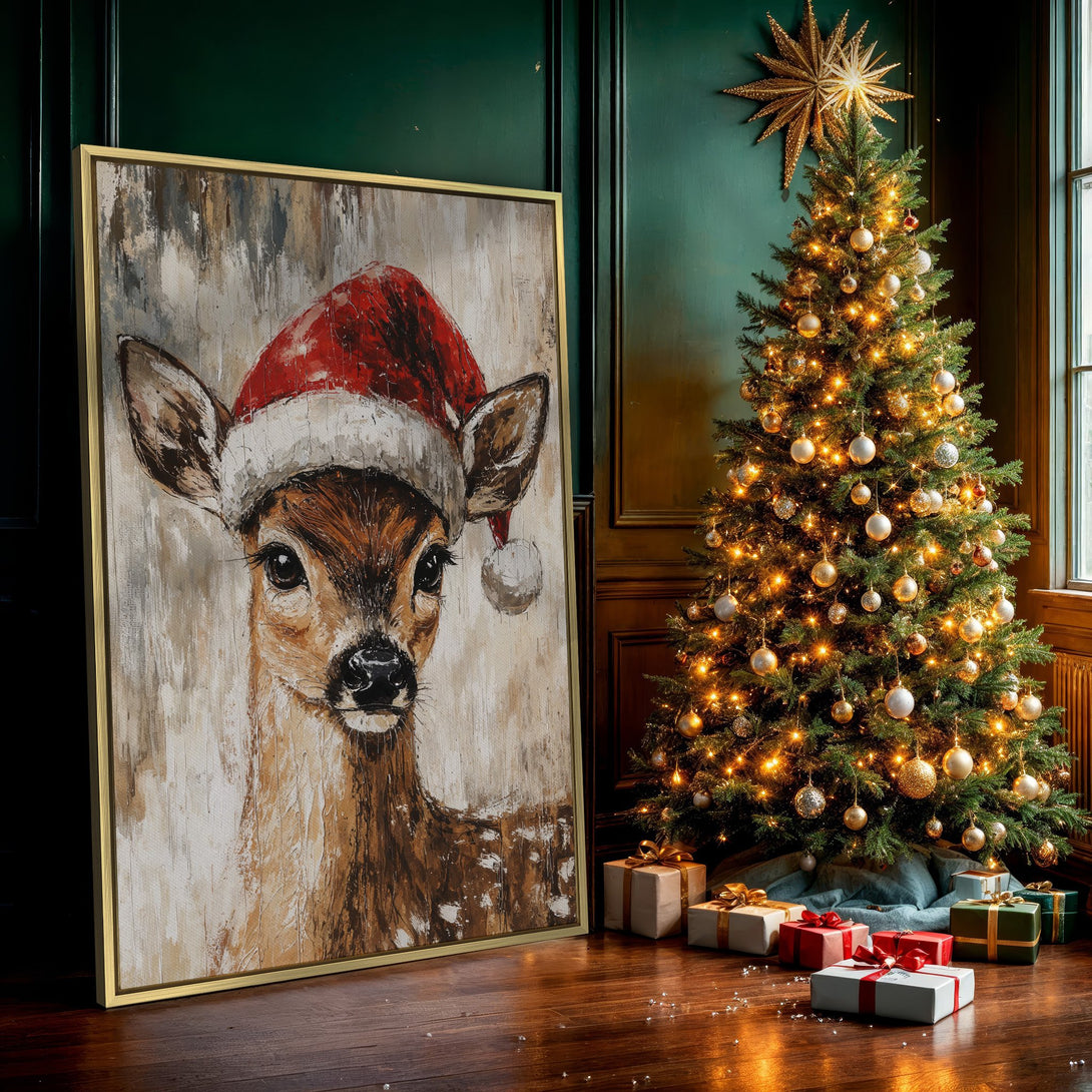 Canvas Print of a festive deer wearing a Santa hat. Rustic, painterly style with warm brown and red tones. Perfect Christmas wall art!