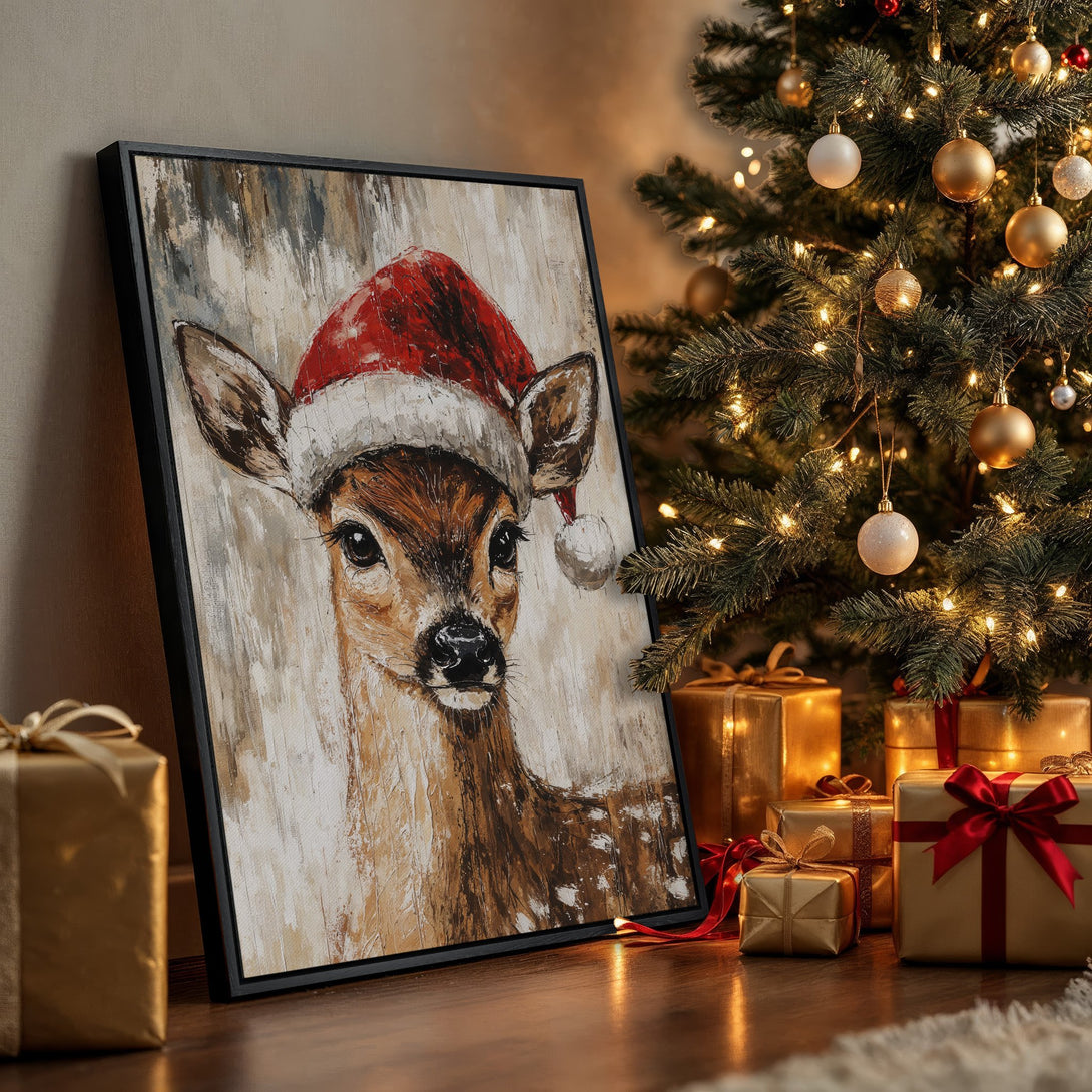 Framed Wall Art featuring a charming deer in a Santa hat, painted in a textured style with warm brown and red tones, perfect for Christmas decor.