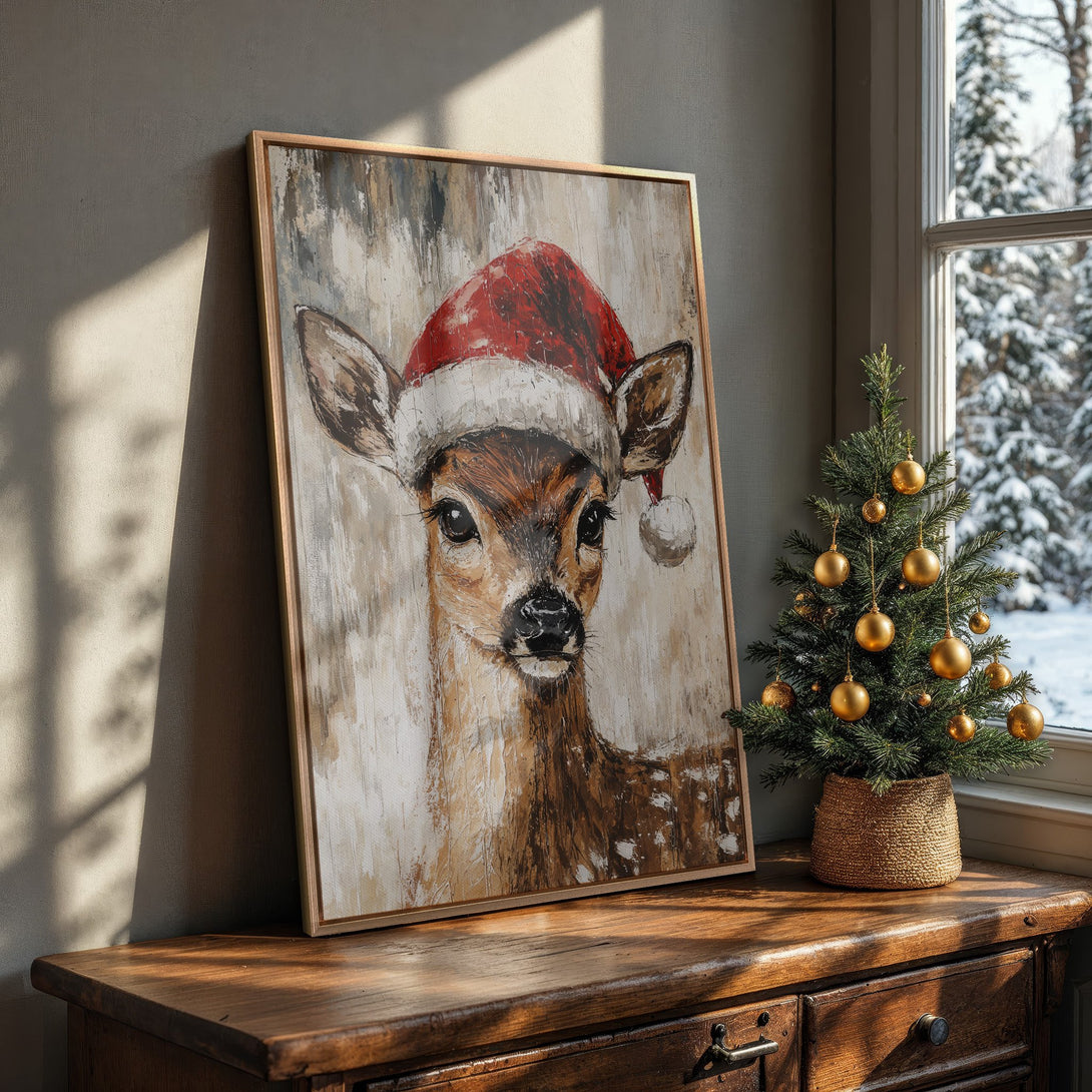 Framed Wall Art: Festive deer in a Santa hat. Rustic, textured style with warm brown, red, and cream tones. Perfect holiday decor for your home.