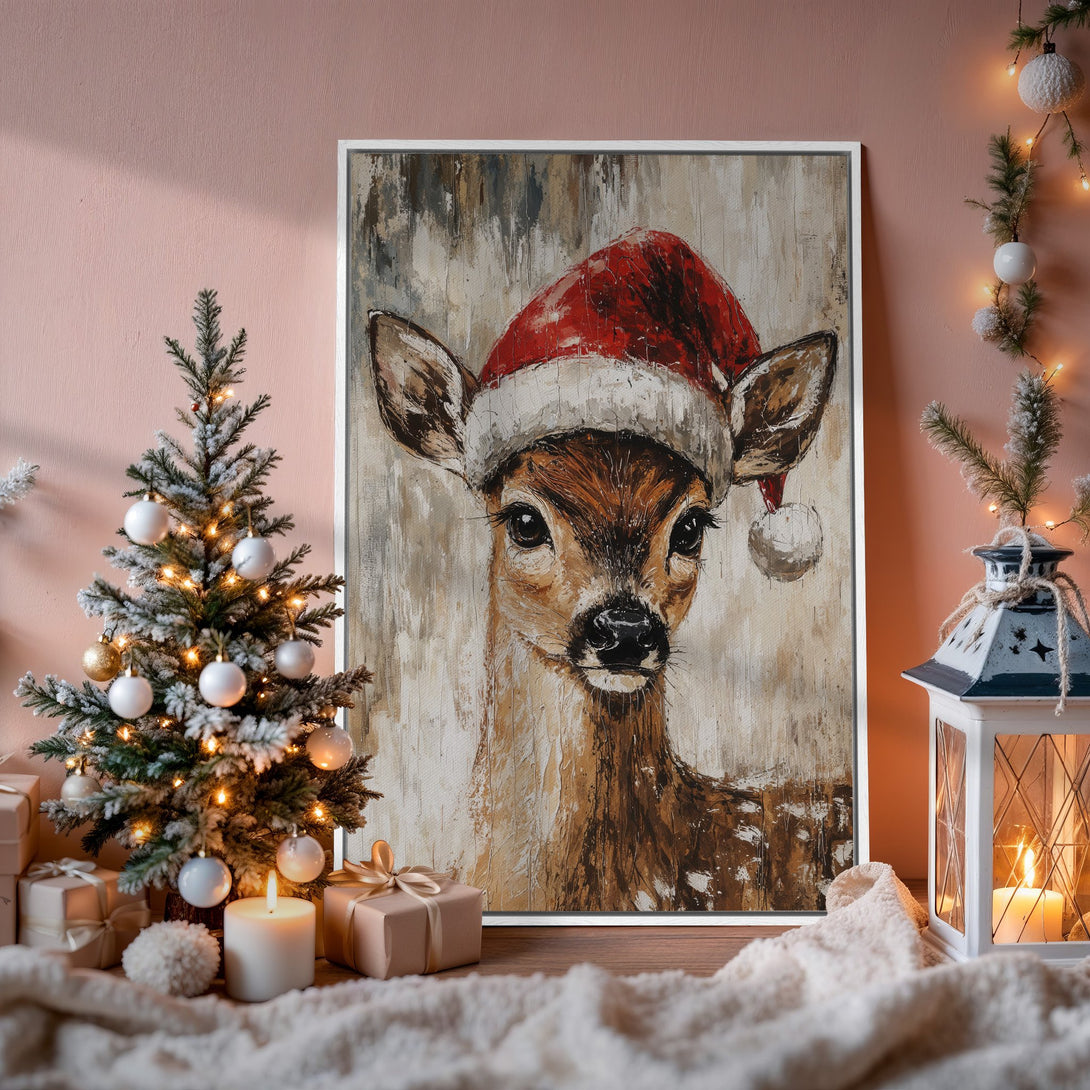 Framed Wall Art: Festive deer painting in warm brown and red tones. Perfect Christmas decor! Add cozy charm to your home with this Canvas Print.
