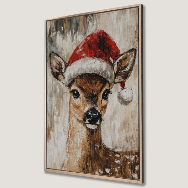 Framed Wall Art featuring a charming deer wearing a Santa hat. Textured, impressionistic style with warm brown and red tones, perfect for holiday decor.