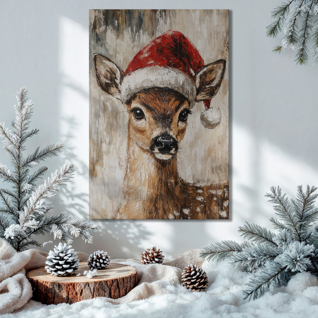 Framed Wall Art: Festive deer painting in a warm, neutral palette. Perfect Christmas decor! Shop our canvas prints for cozy holiday vibes.