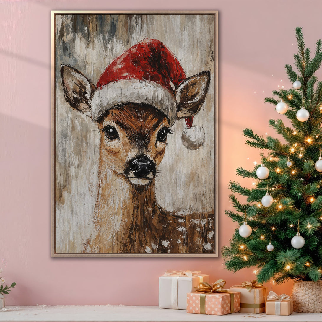 Framed Wall Art: Festive deer in Santa hat, impressionist style with warm brown, red, and cream tones. Perfect Christmas decor!