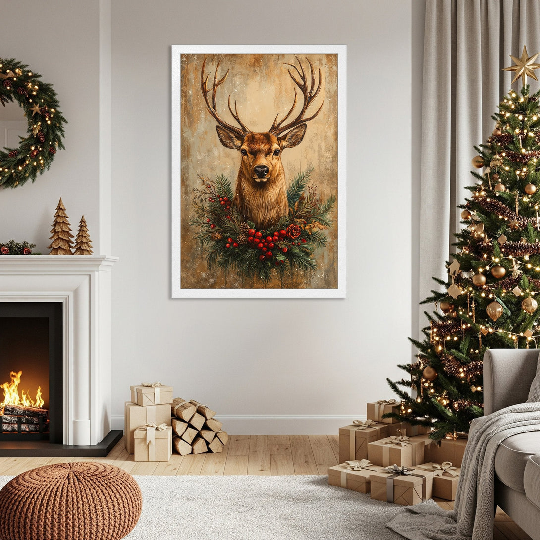 Framed Poster featuring a majestic deer with warm, rustic tones. Perfect holiday decor!