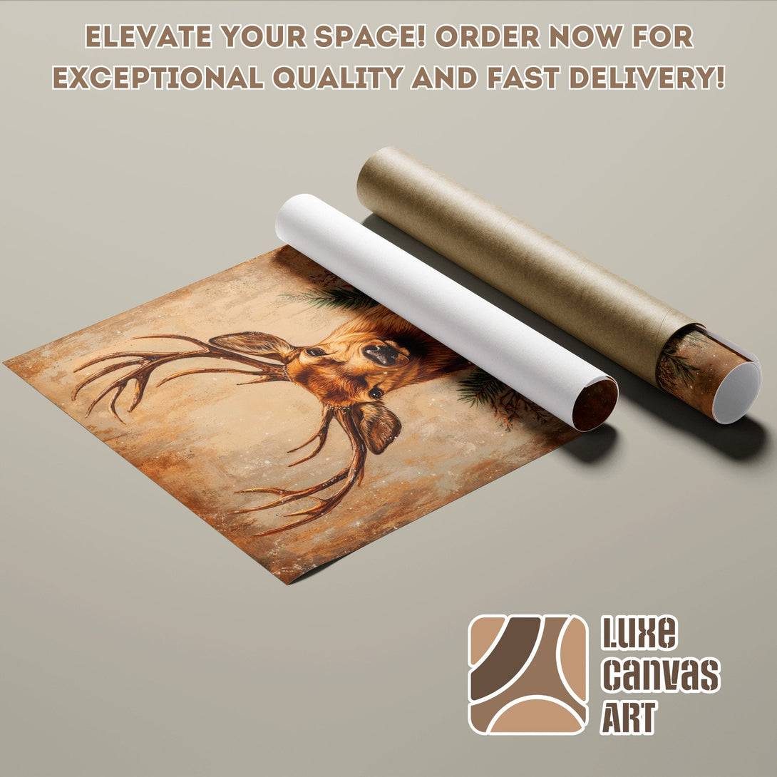 Poster Roll featuring a majestic deer, rustic style, warm brown tones. Elevate your decor!