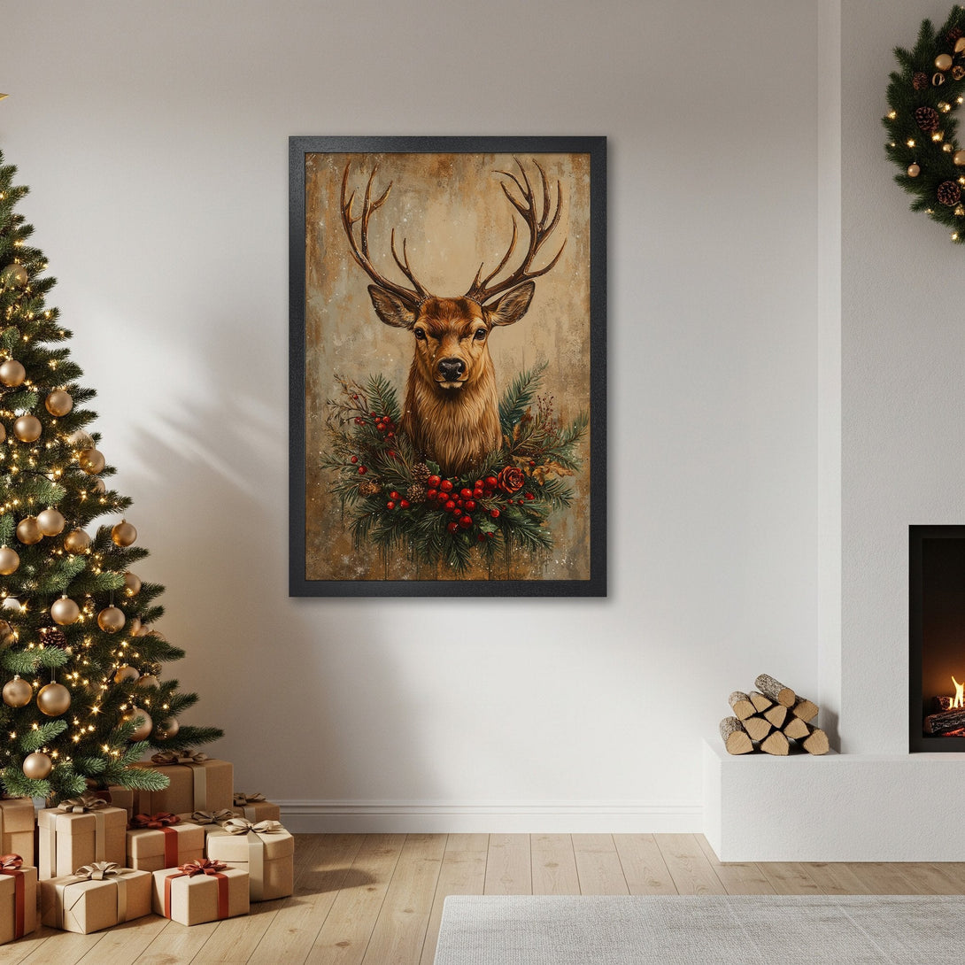 Framed Poster featuring a majestic deer head with Christmas wreath, rustic style, warm brown and green tones. Perfect Holiday decor.
