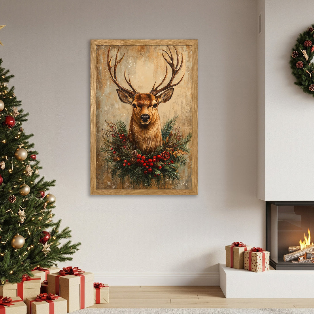 Framed Poster featuring a majestic deer with a winter wreath, rustic style, warm earth tones & red accents. Perfect holiday decor!