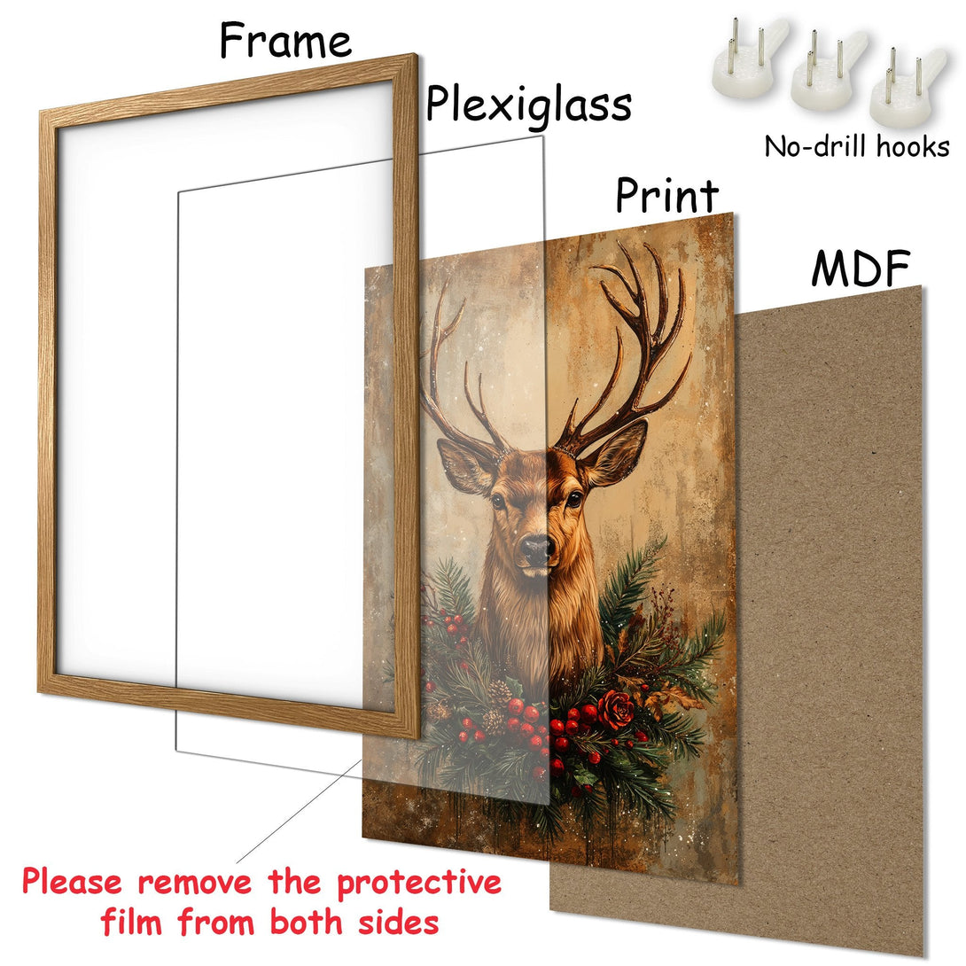 Framed Poster featuring a majestic deer with a rustic, warm color palette. Perfect art for your home!