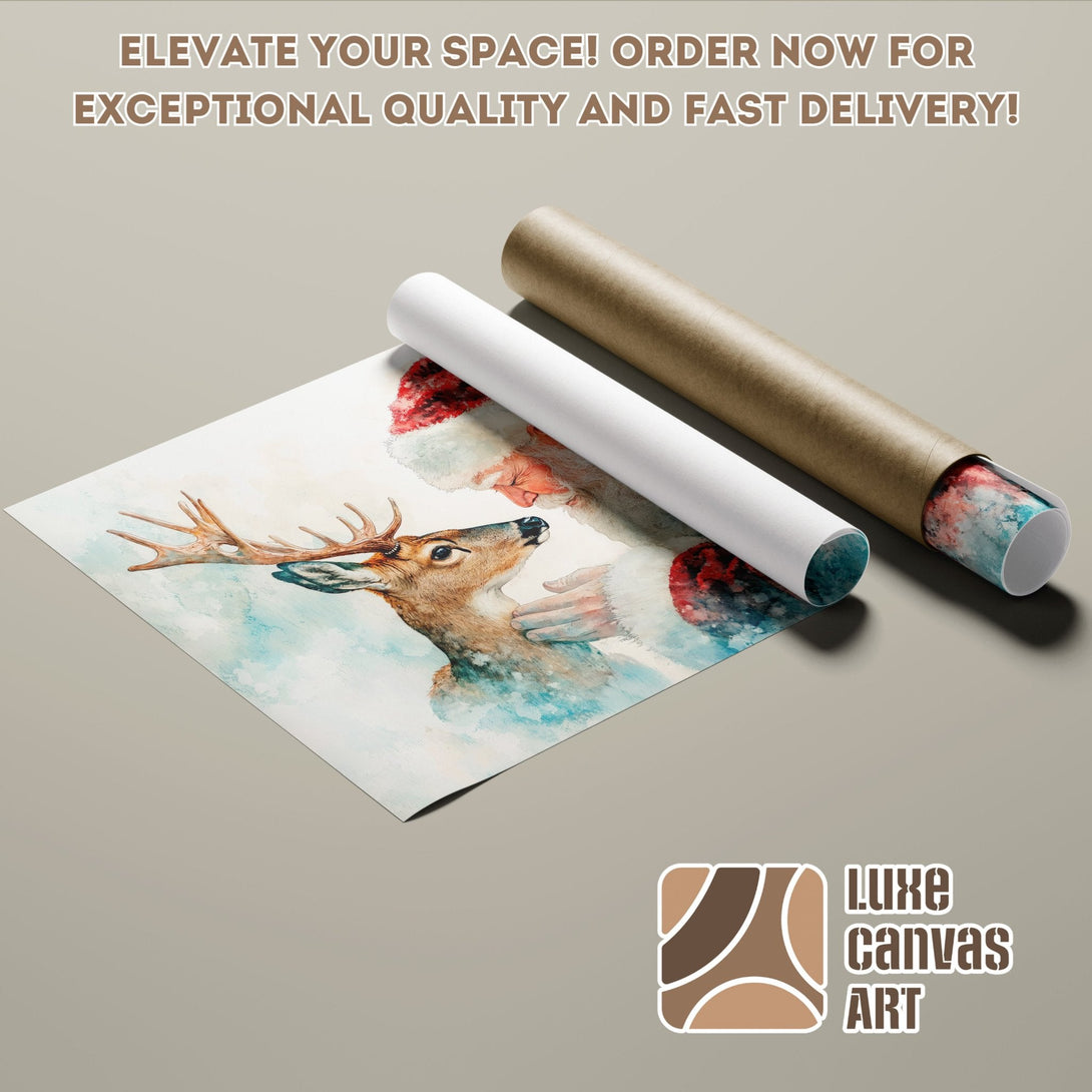 Poster Roll featuring a watercolor painting of Santa and a deer, with a blue, red, and brown color palette.