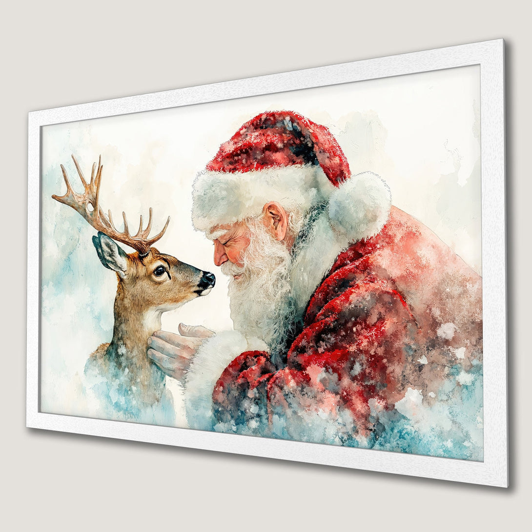 Framed Poster featuring Santa Claus and a deer in watercolor style, with a red and blue color palette, perfect for Christmas decor.
