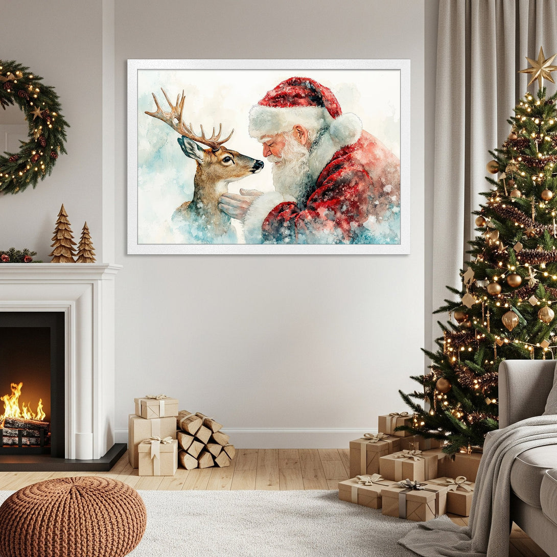 Framed Poster featuring Santa Claus and a deer in watercolor style, with red and blue hues, perfect for Christmas decor.