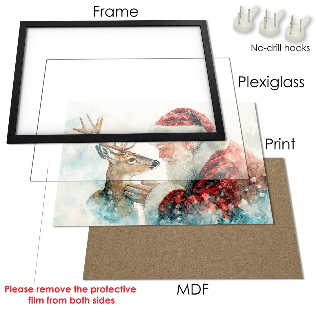 Framed Poster featuring Santa and a deer in a watercolor style with a warm, festive color palette. Perfect Christmas decor!