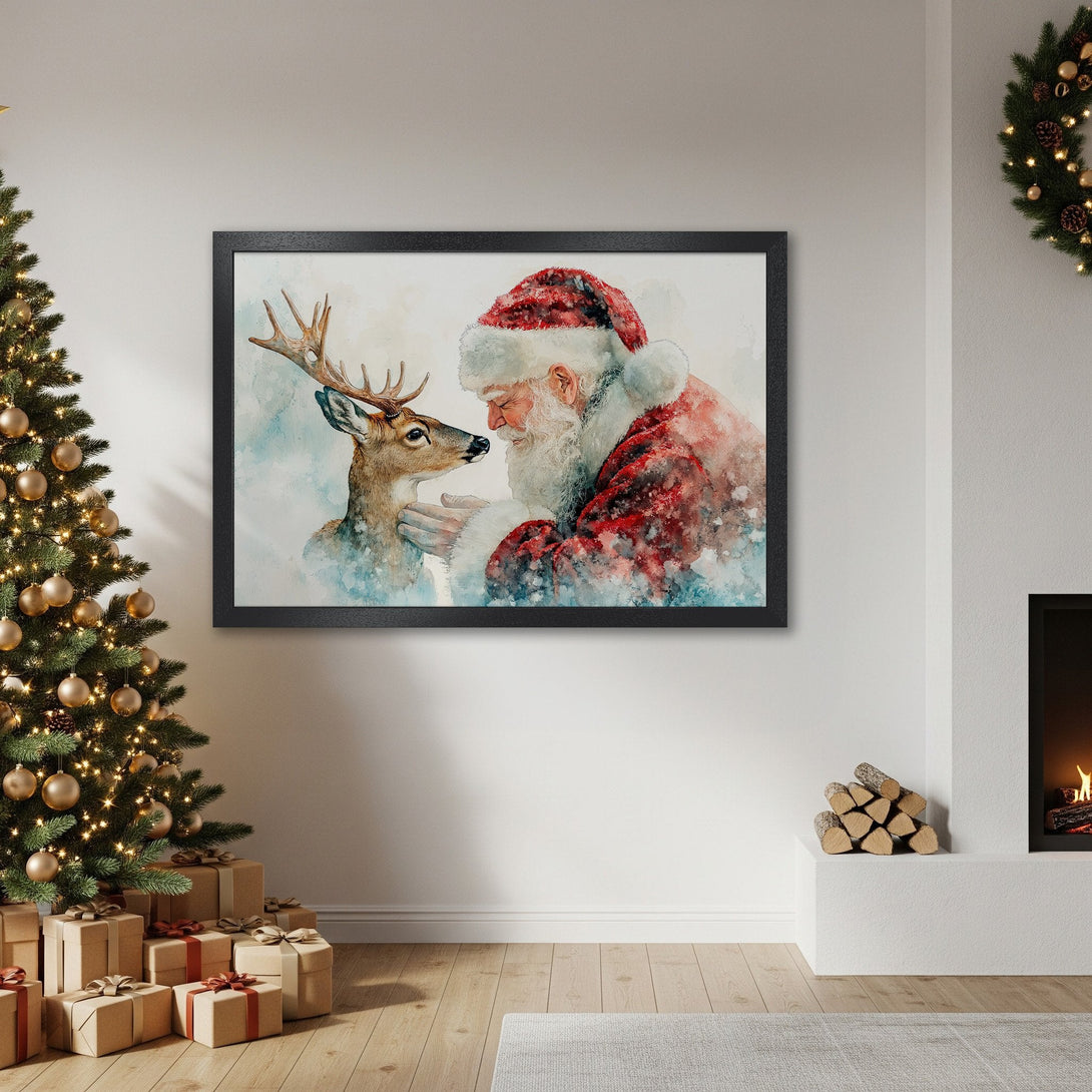 Framed Poster featuring Santa Claus and a deer, watercolor style in red, blue, and white, perfect for Christmas decor.