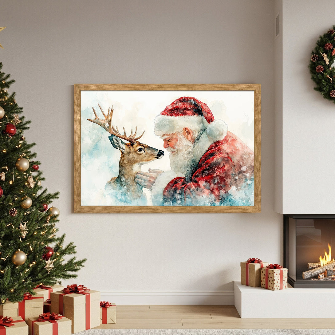 Framed Poster featuring Santa and a deer in watercolor style, warm red & blue tones, perfect Christmas decor.