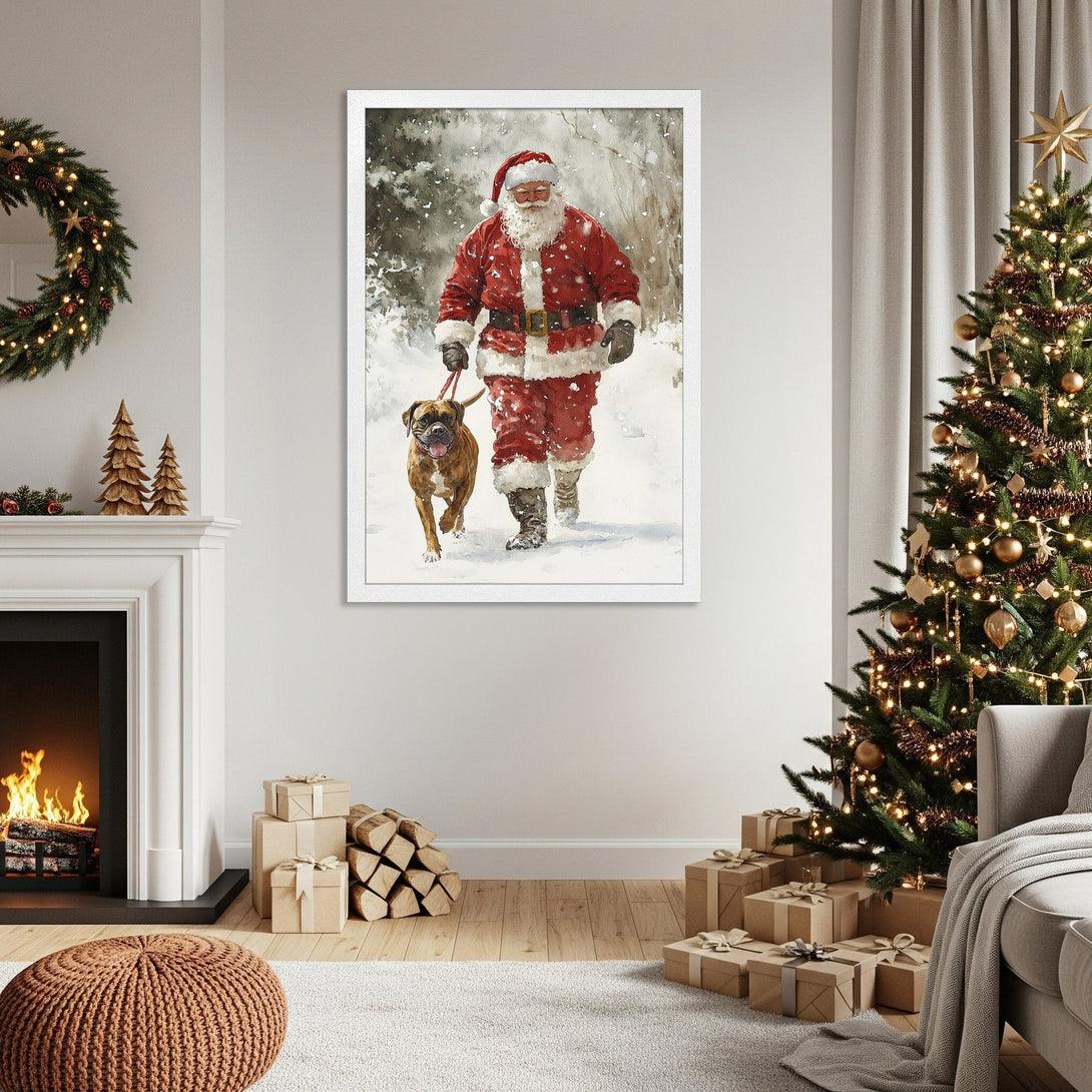 Framed Poster featuring Santa Claus walking a dog in a watercolor style. Warm red and white color palette, perfect Christmas wall art.