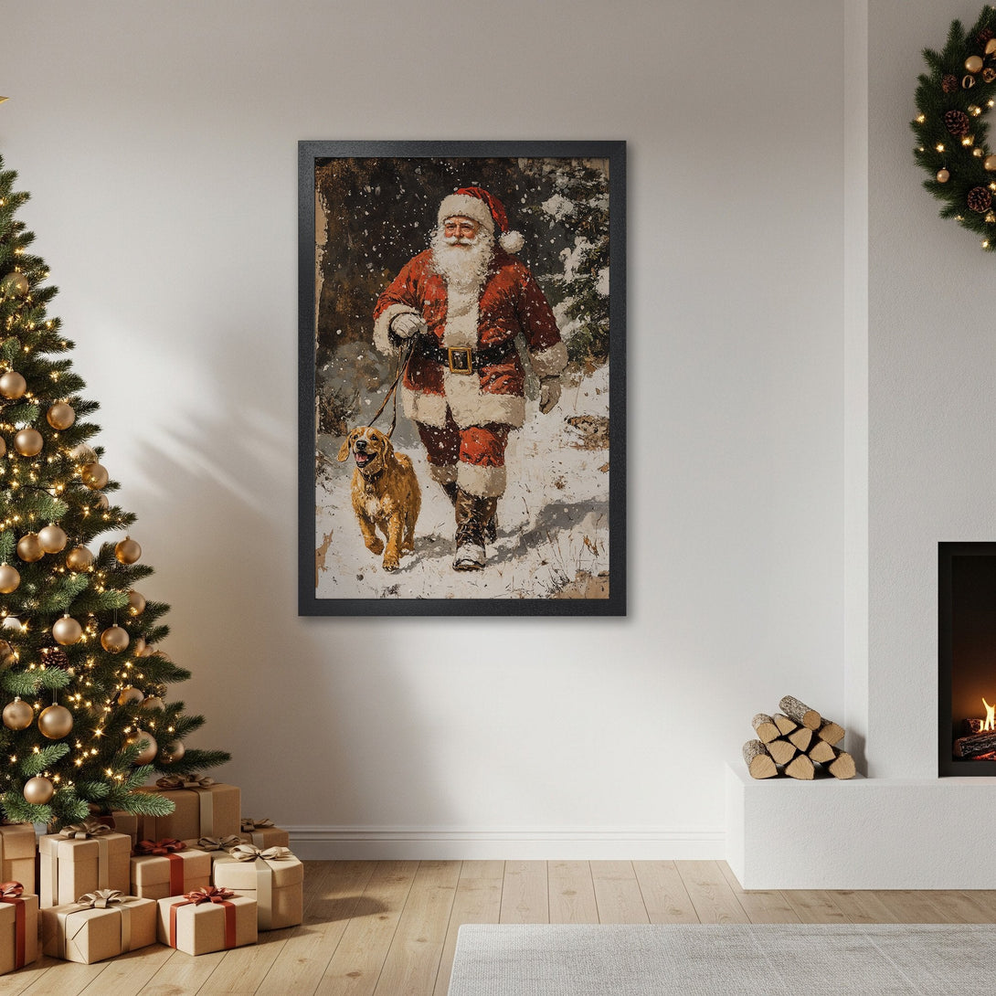 Framed Poster featuring Santa walking a dog in a snowy scene. Vintage style with red, white, and brown tones. Perfect Christmas decor.