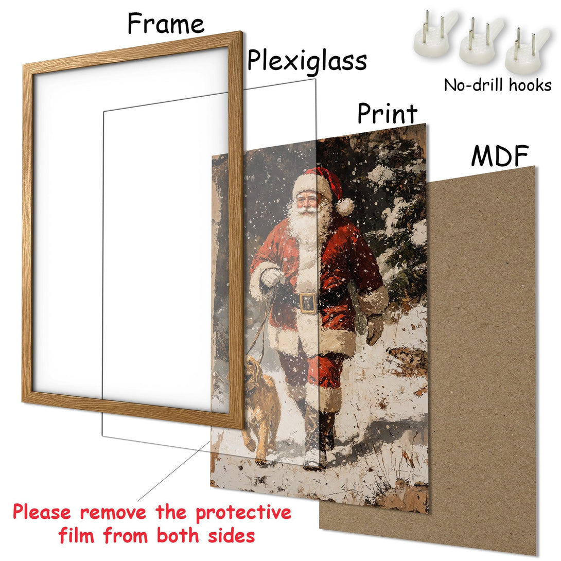 Framed Poster featuring Santa Claus in a vintage style, with a warm red and brown color palette. Perfect Christmas decor!