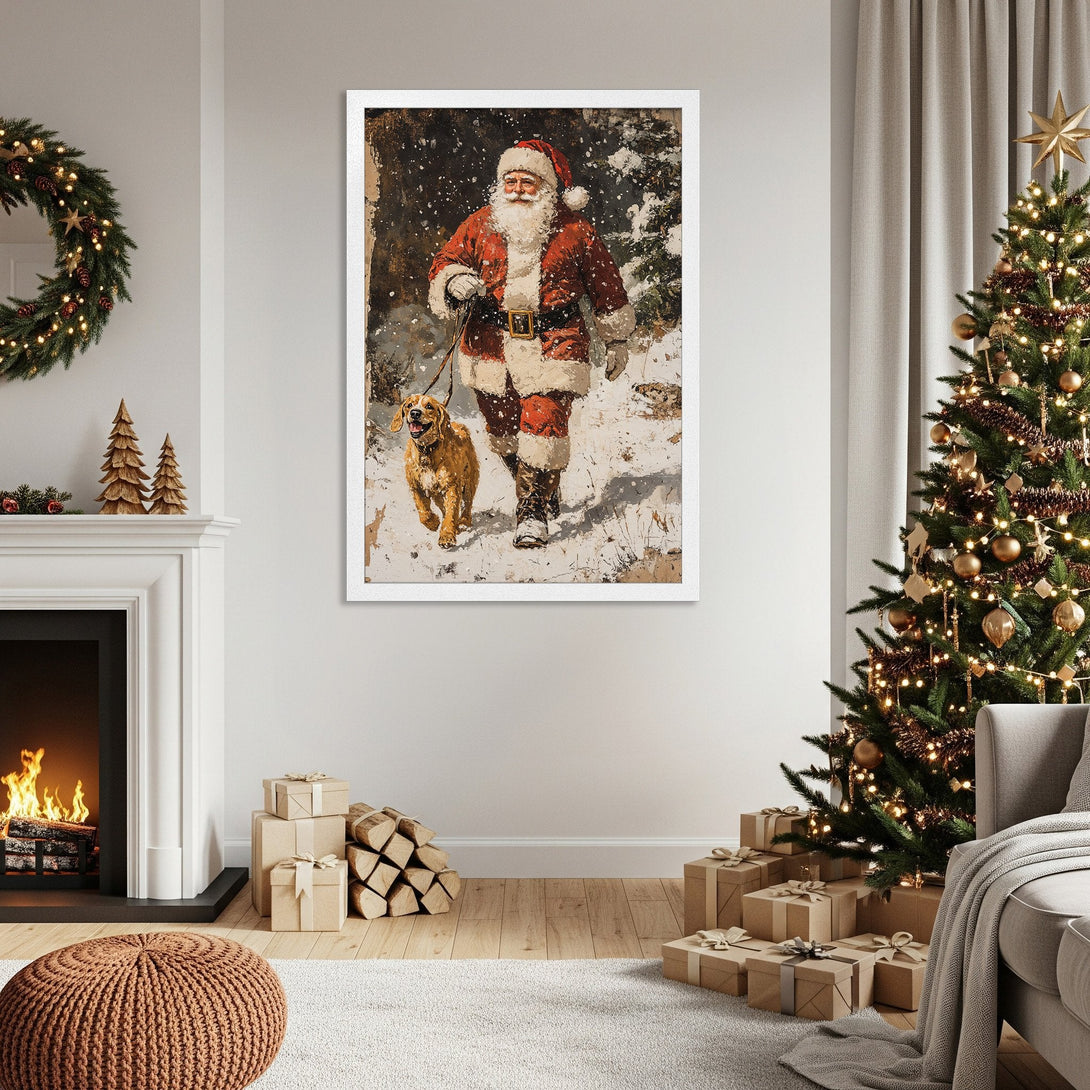 Framed Poster featuring Santa Claus walking his dog in a vintage style. Warm red & white color palette, perfect for Christmas decor.