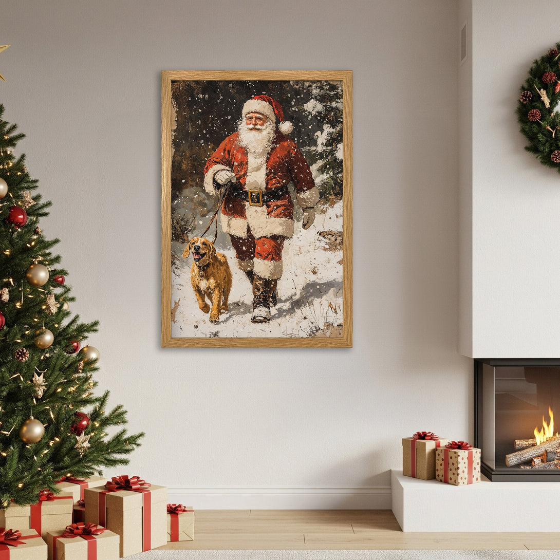 Framed Poster featuring Santa Claus walking a dog in a snowy scene. Rustic style with red, white, and brown color palette. Festive holiday decor.
