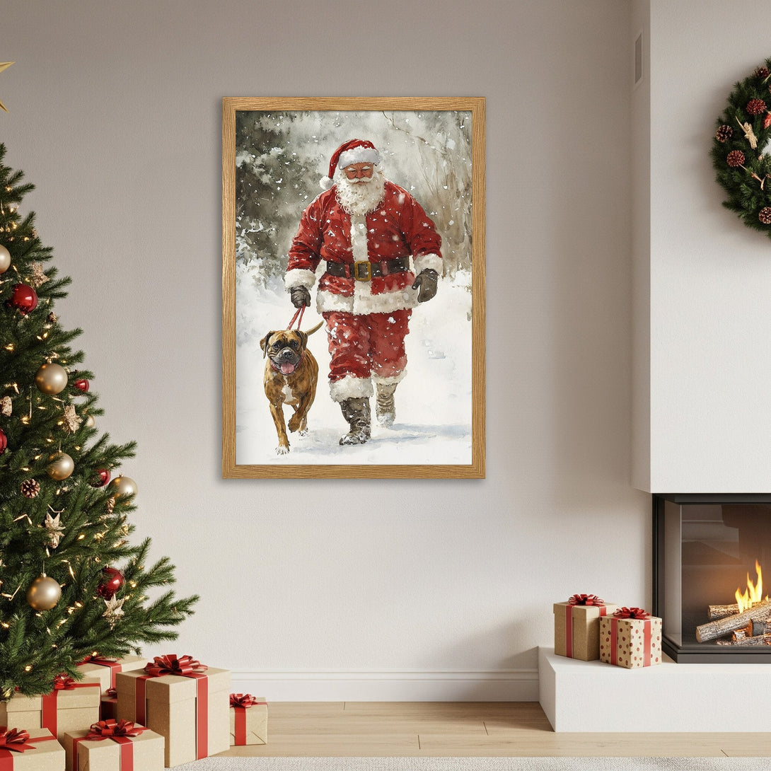 Framed Poster featuring Santa walking a dog in watercolor style, with red, white, and brown tones. Perfect Christmas decor!