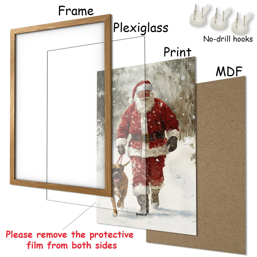 Framed Poster featuring Santa Claus walking a dog in a winter scene. Watercolor style, red and grey color palette. Perfect Christmas decor!