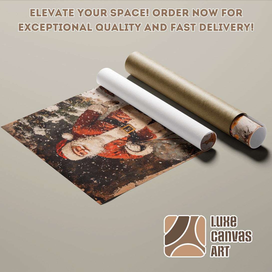Santa Claus Poster Roll, vintage style, warm brown and red color palette, perfect for Christmas decor.