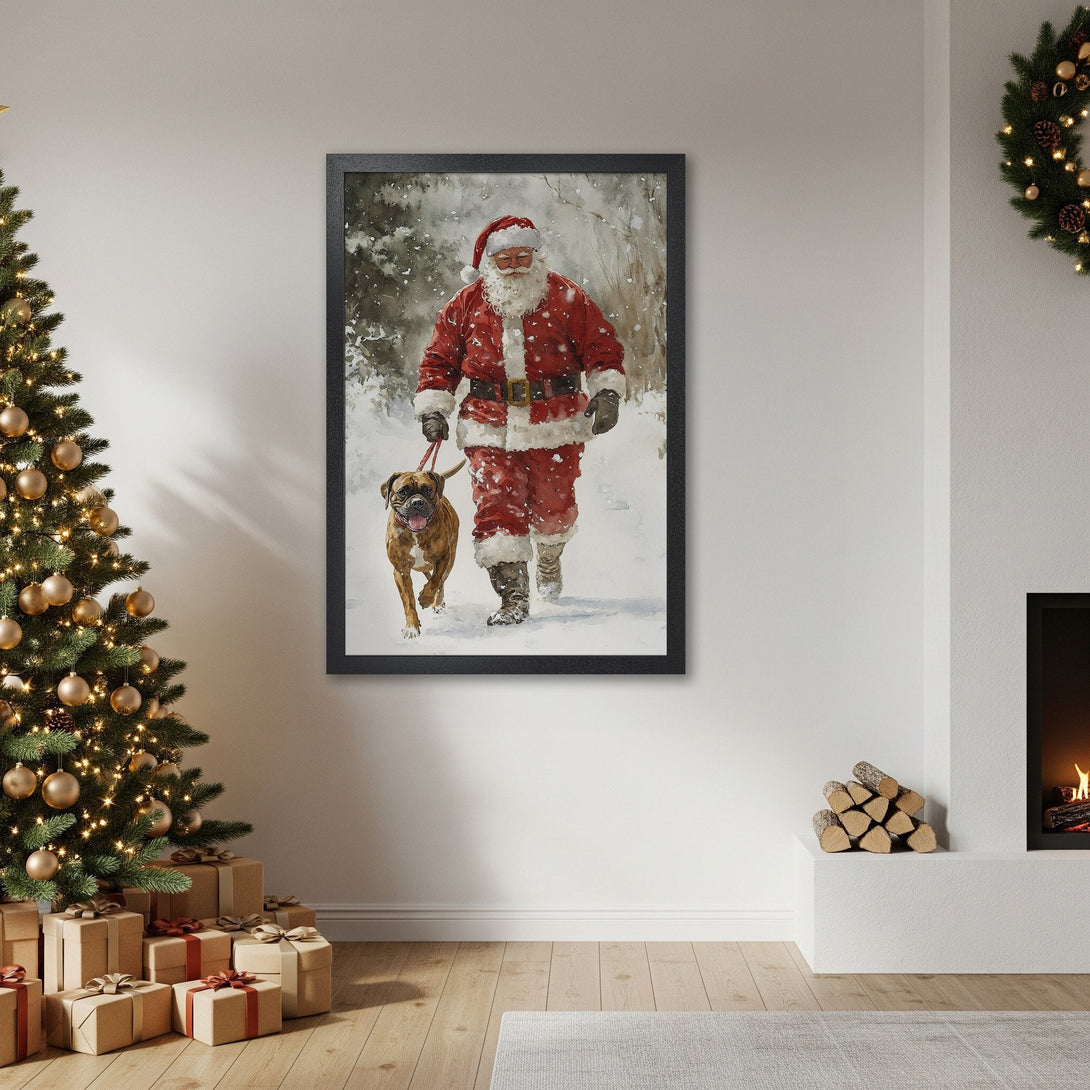 Framed Poster featuring Santa walking a dog in a snowy scene. Watercolor style, red & white palette. Perfect Christmas decor!