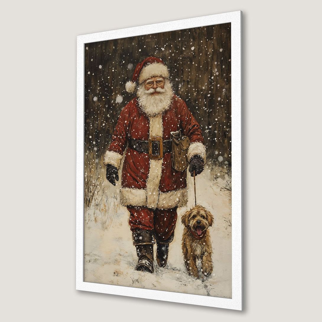 Framed Poster featuring Santa Claus walking a dog in a snowy scene. Vintage style art with a warm red and brown color palette. Perfect Christmas decor!