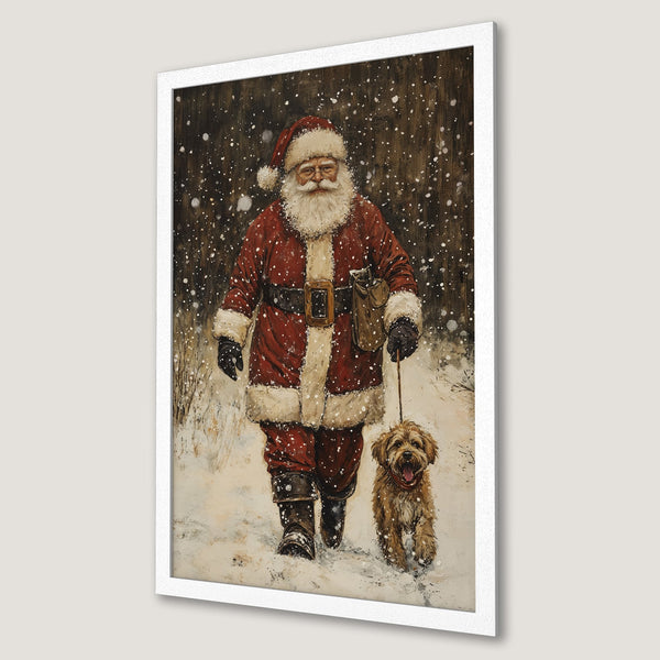 Framed Poster featuring Santa Claus walking a dog in a snowy scene. Vintage style art with a warm red and brown color palette. Perfect Christmas decor!