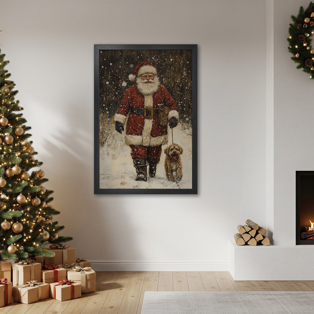 Framed Poster featuring Santa Claus walking a dog in a snowy scene. Warm, festive colors and a vintage style. Perfect Christmas decor!