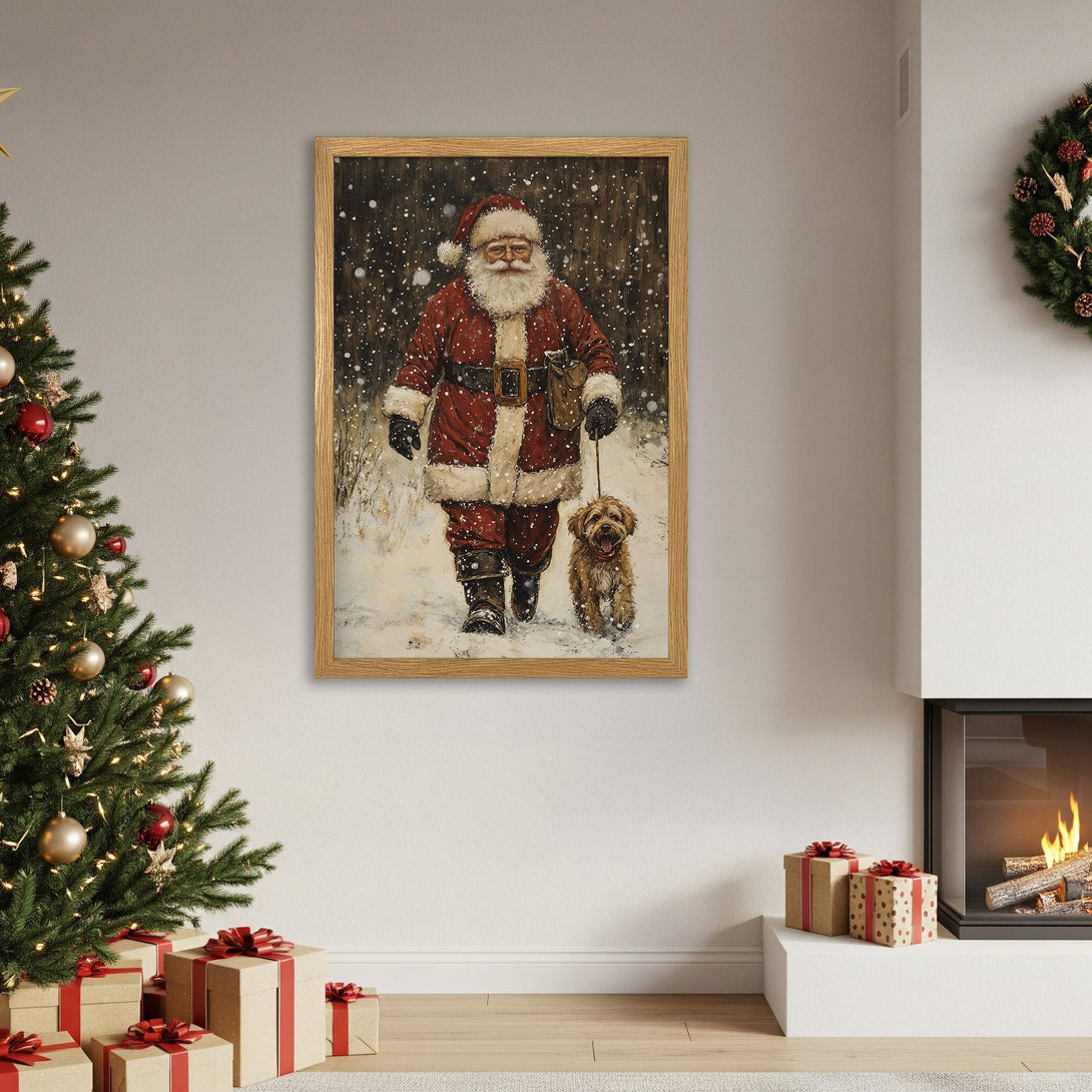 Framed Poster featuring Santa Claus walking a dog in a snowy scene, warm red and brown tones, perfect Christmas decor.