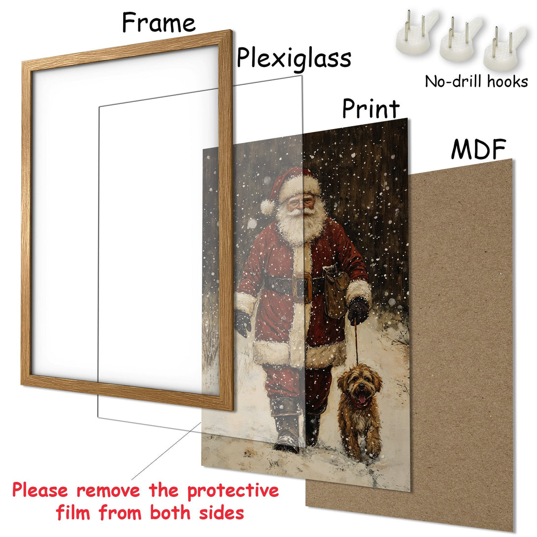 Framed Poster featuring Santa Claus and dog in a winter scene. Warm, rustic style with a red, brown, and white color palette. Perfect Christmas decor!