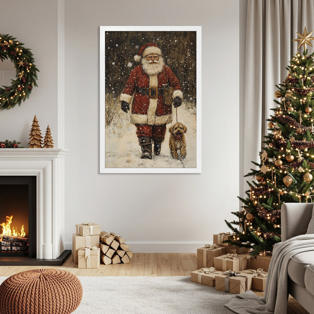 Framed Poster featuring Santa Claus and dog in a snowy scene. Classic style, warm red and neutral color palette. Perfect Christmas decor!