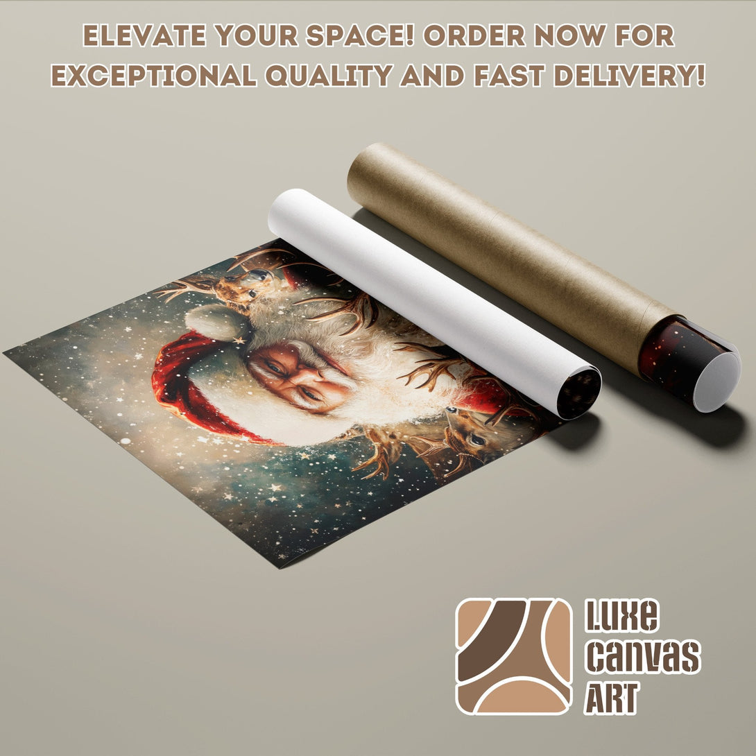 Poster Roll featuring Santa Claus art, warm color palette, perfect for holiday decor.