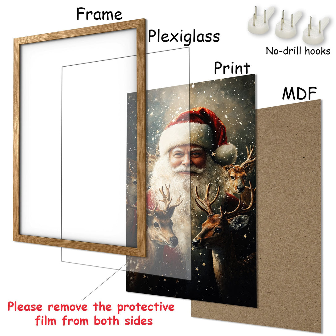 Framed Poster featuring Santa Claus and reindeer, with a warm, festive color palette. Perfect Christmas decor!