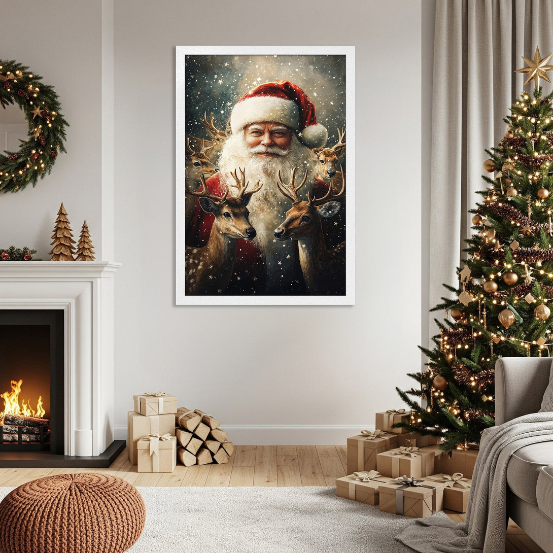 Framed Poster featuring Santa Claus & reindeer, festive art in warm red & brown tones. Perfect Christmas decor!