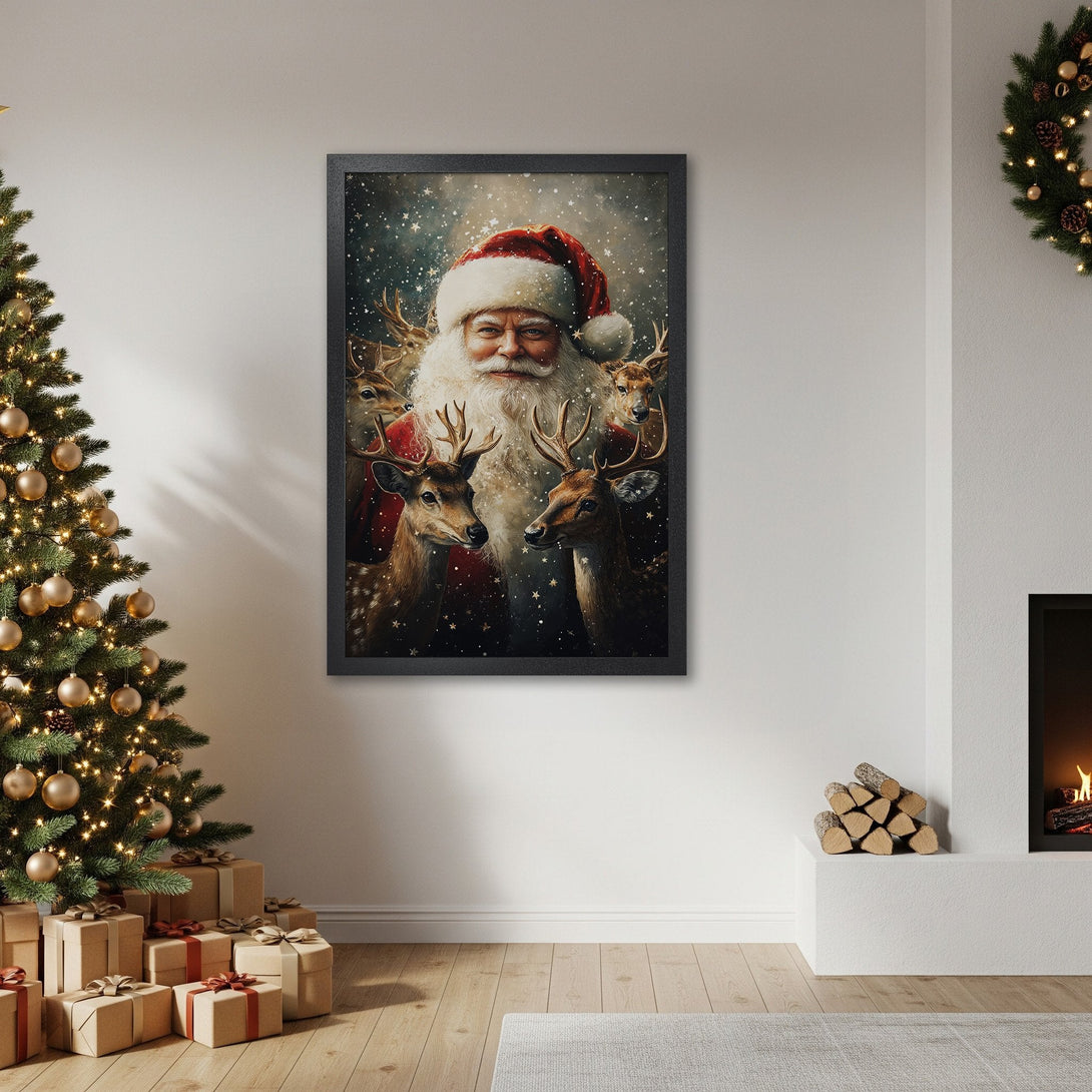 Framed Poster featuring Santa Claus and reindeer in a warm, festive style. Rich red, gold and brown color palette, perfect for Christmas decor.
