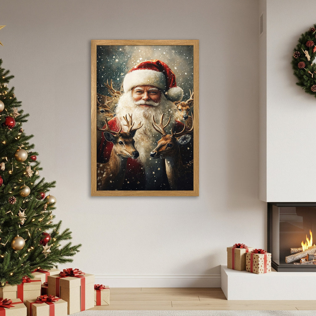 Framed Poster featuring Santa Claus and reindeer, festive art in warm tones, perfect Christmas decor.