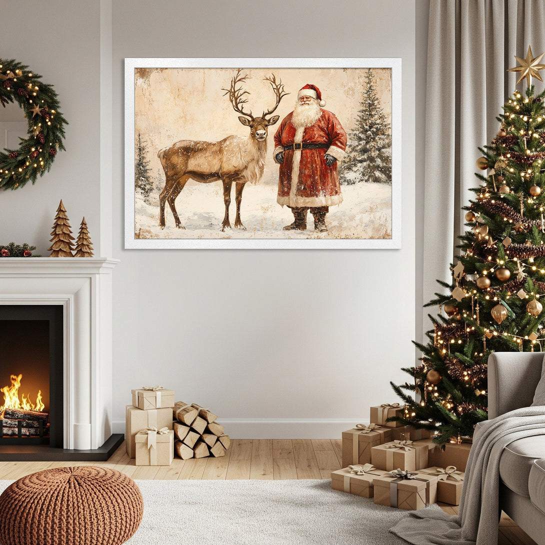 Framed Poster featuring Santa and reindeer in a vintage style, warm color palette. Perfect Christmas decor!