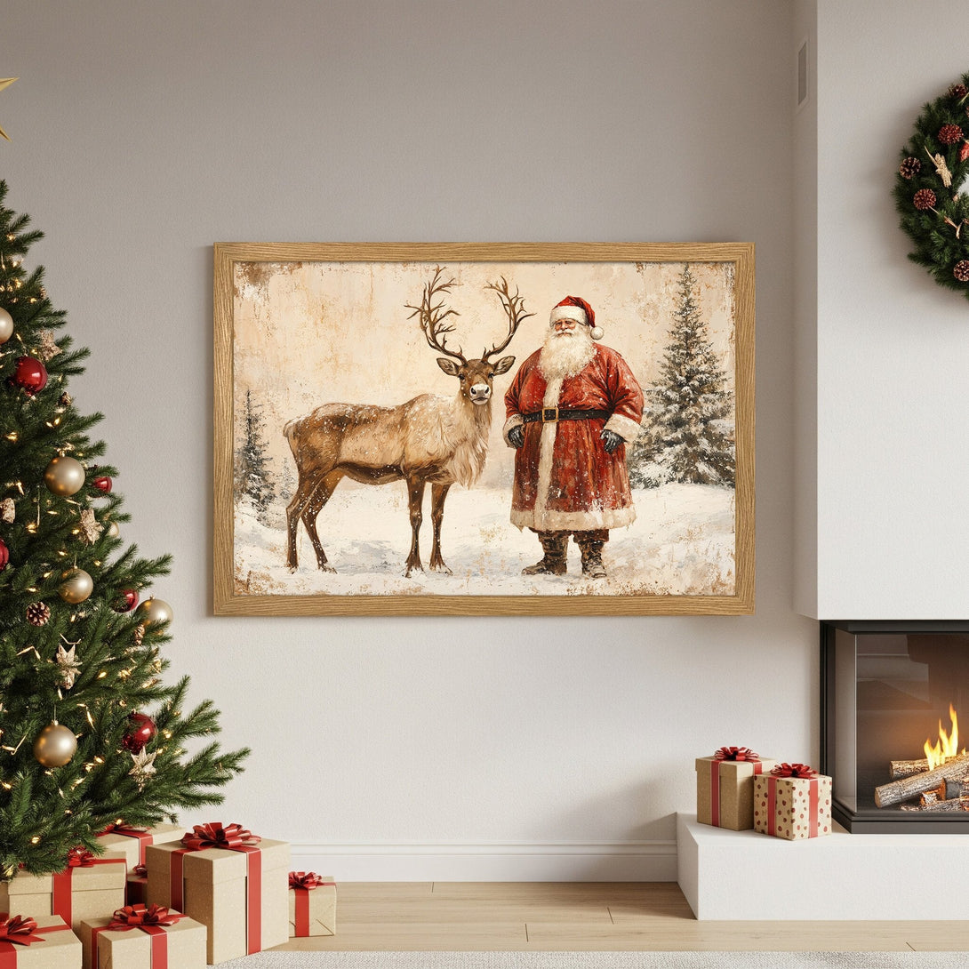 Framed Poster featuring Santa & reindeer in a vintage style with a warm color palette. Perfect Christmas decor!
