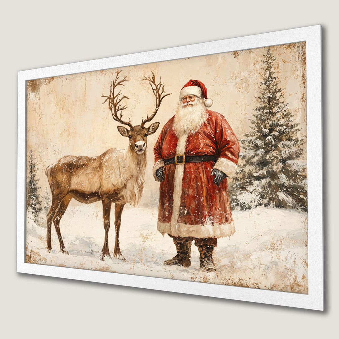 Framed Poster featuring Santa Claus and reindeer in a vintage style, warm color palette, perfect for Christmas decor.
