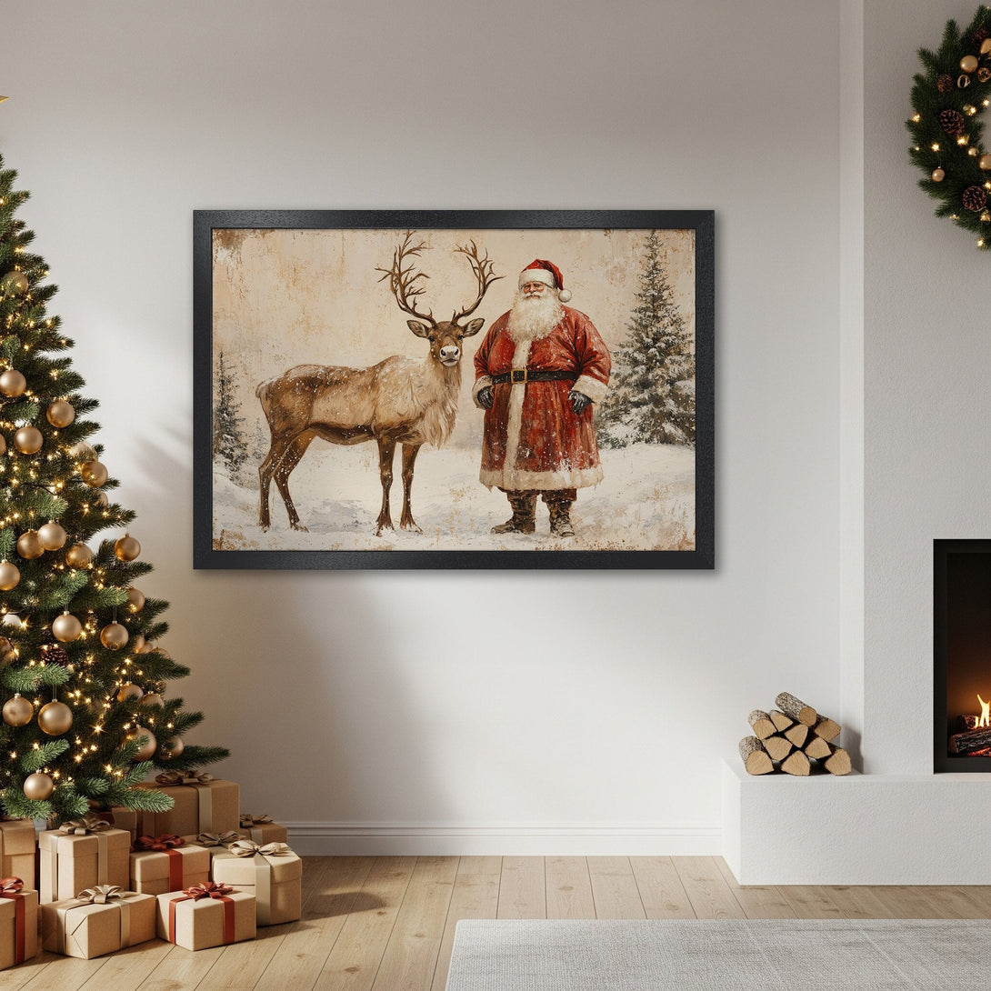 Framed Poster featuring Santa Claus & reindeer in a vintage style, with a warm, neutral color palette. Perfect Christmas decor!