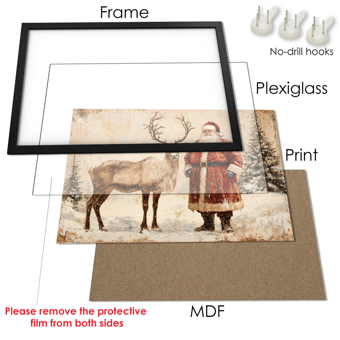 Framed Poster featuring Santa and reindeer in a vintage style with a warm, neutral color palette. Perfect Christmas decor!