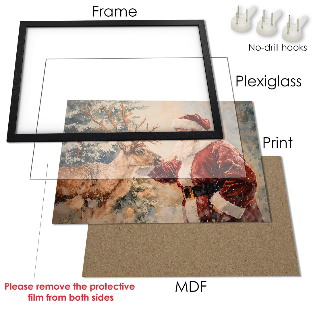 Framed Poster featuring Santa & deer in watercolor style, warm tones. Perfect holiday art!