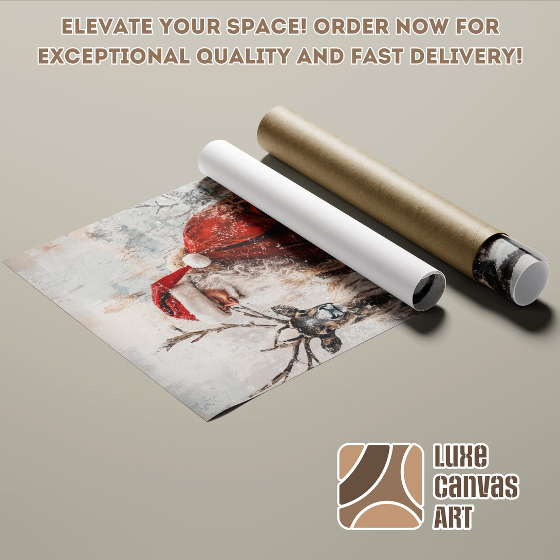 Poster Roll featuring Santa & Reindeer art, neutral palette. Elevate your space with our high-quality posters!