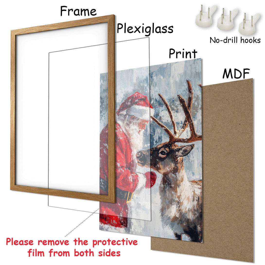 Framed Poster featuring Santa & reindeer art in a textured style with red, brown, & blue tones. Perfect Christmas decor!