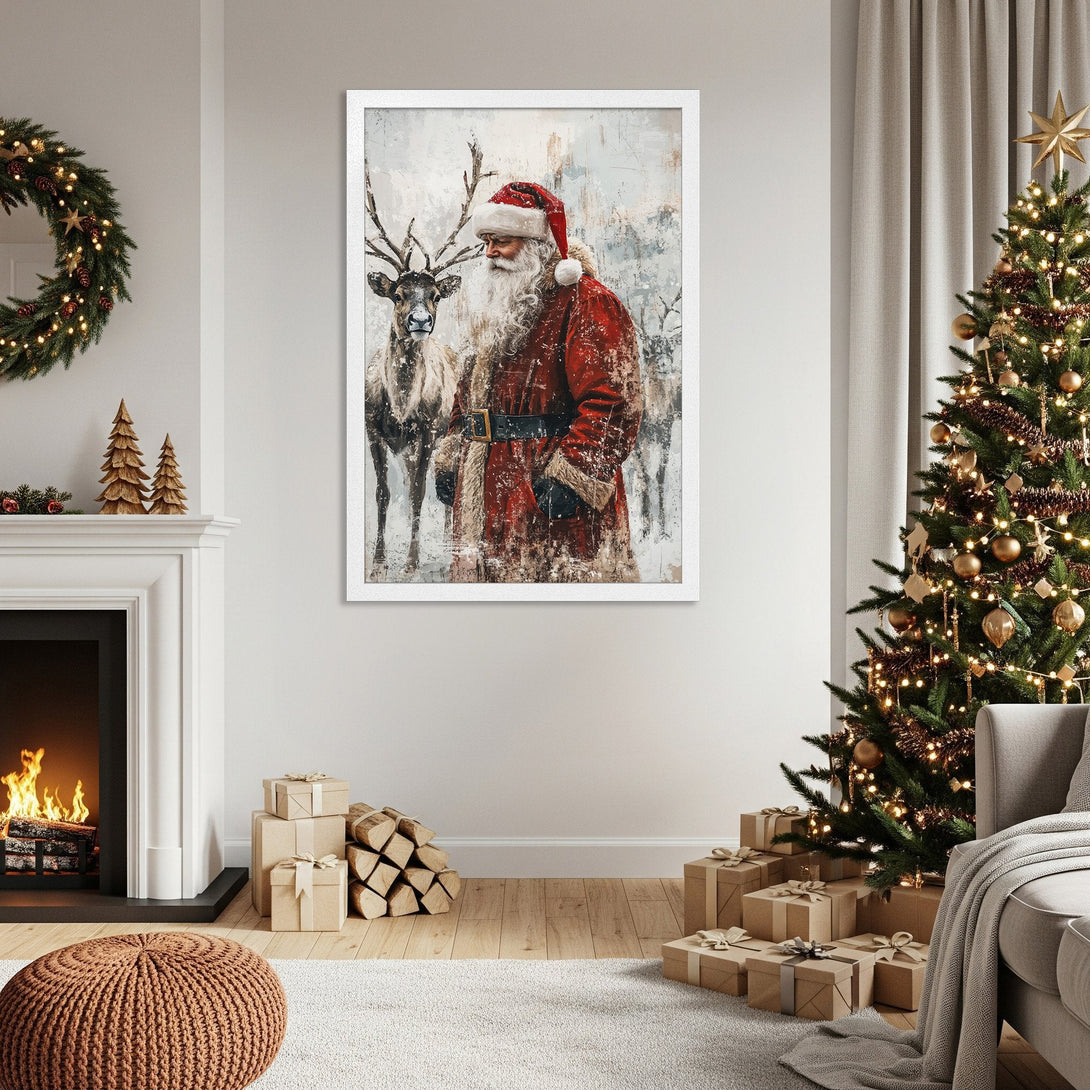Framed Poster featuring Santa Claus and reindeer in a painterly style with red, white, and neutral tones. Perfect Christmas decor!